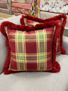 Silk plaid green and red pillow